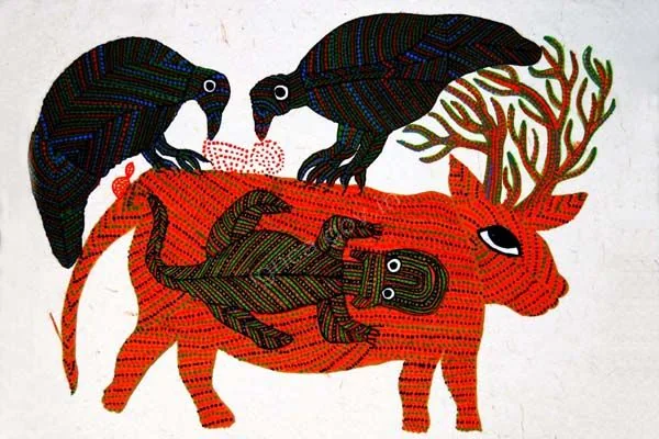 मोहन सिंह श्याम की चित्रकृति में लाल हिरनी, उसके भीतर बच्चा, पीठ पर दो काले पक्षी और पत्तियों वाली टहनियां बनी हैं।